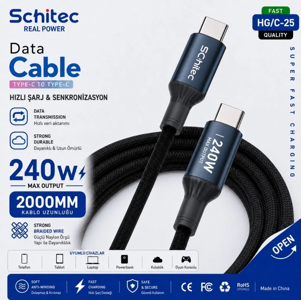 SChitec 240W Type-C to Type-C Süper Hızlı Data ve Şarj Kablosu Siyah 2 Metre HG/C-25240W2M