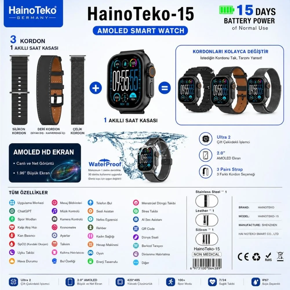 Haino Teko 15 Amoled Ekran Su Geçirmez 15 Gün Şarj ve 3 Kordon Seti Dahil Akıllı Saat Siyah