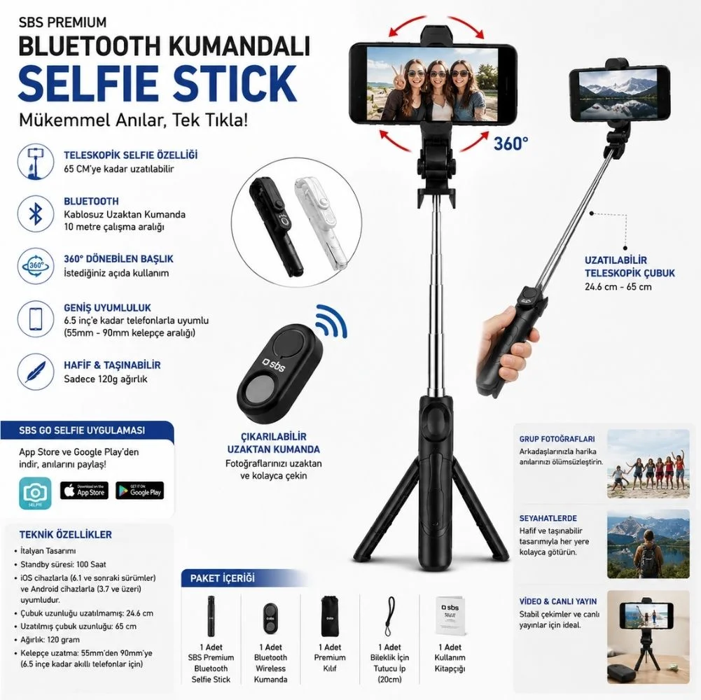 SBS Premium Bluetooth Selfie Çubuğu Siyah Samsung Türkiye Garantili