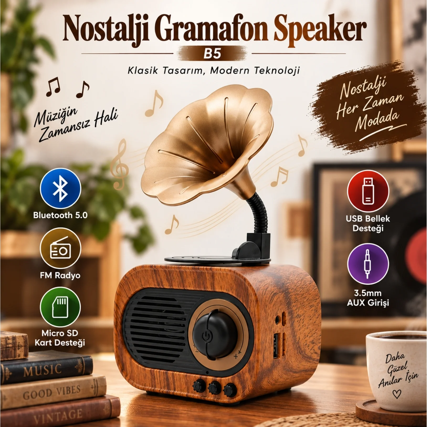 Winex Wireless Nostalji Gramafon Speaker Fm Radyo+Sd Kart+UsbA+3.5mm Aux Girişli B5