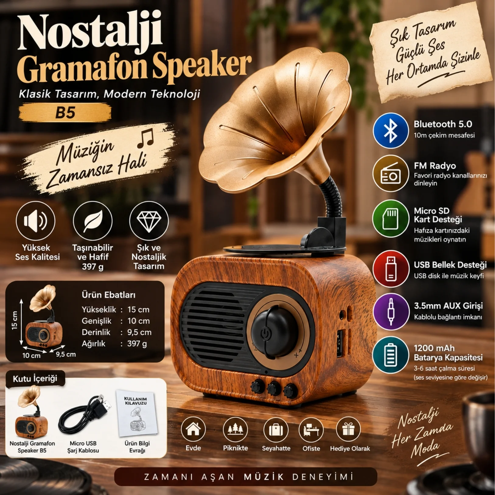 Winex Wireless Nostalji Gramafon Speaker Fm Radyo+Sd Kart+UsbA+3.5mm Aux Girişli B5