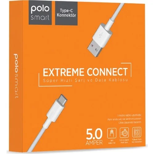 Polosmart 5A 100W Süper Hızlı UsbA to Type-C Data ve Şarj Kablosu Beyaz PSM30