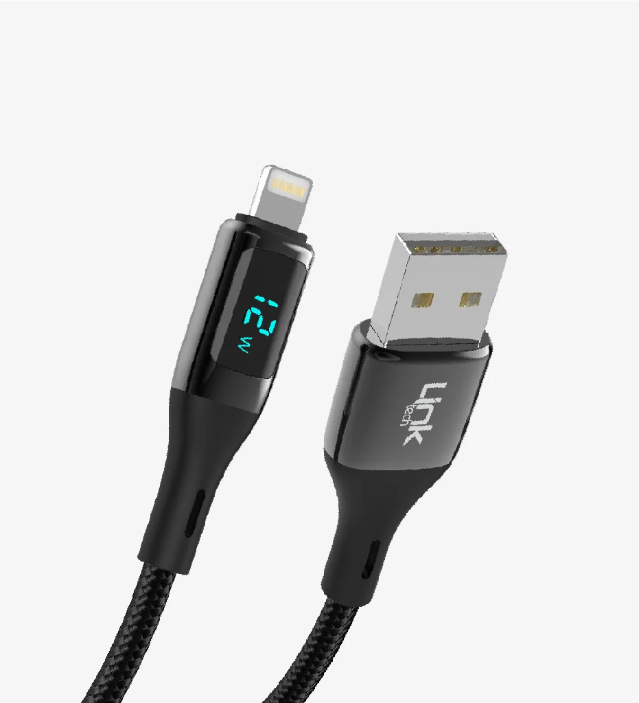 K682 Dijital Göstergeli PD 2.4A Çinko Başlı USB-A Lightning Şarj Kablosu